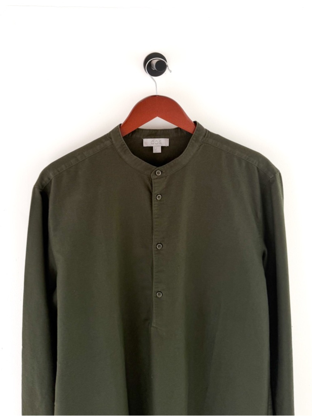 New COS Men's Olive Green Band Collar Shirt Quarter Button Twill Size L Men's - Picture 4 of 13
